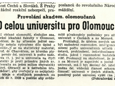 Provolání O celou univerzitu pro Olomouc. Stráž lidu ze dne 15. srpna 1946. Vědecká knihovna v Olomouci.
